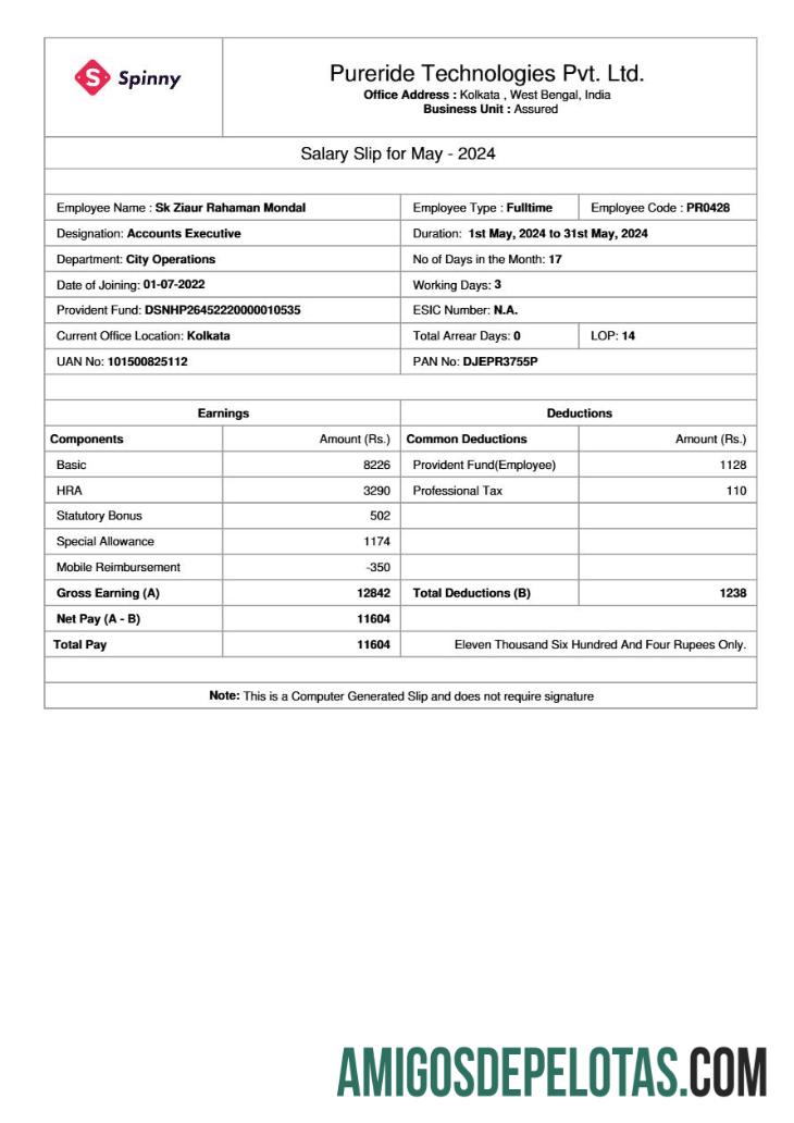 Realista Modelo de comprovante de salário da Pureride Technologies em formatos Word e PDF.pdf, 1